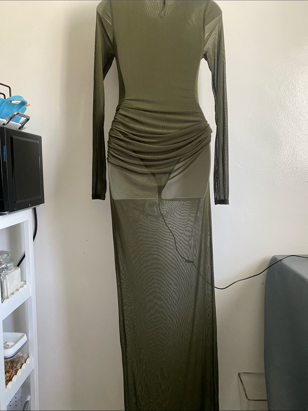 Olive Green Asymmetric Long-Sleeve Sheer Dress